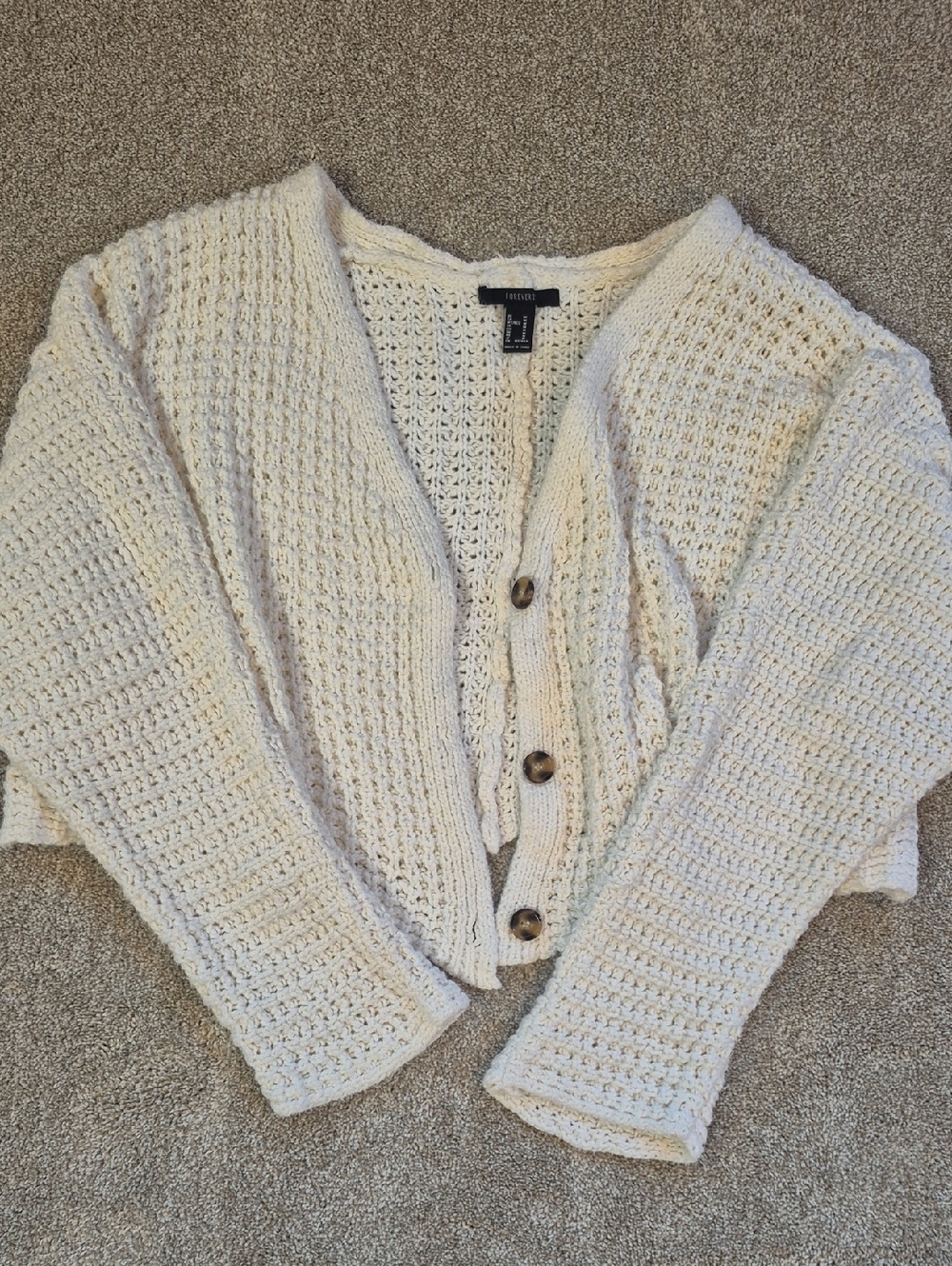Forever 21 Cream Cropped Open-Knit Button Cardigan
